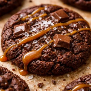 Delicious double chocolate salted caramel cookies on a plate