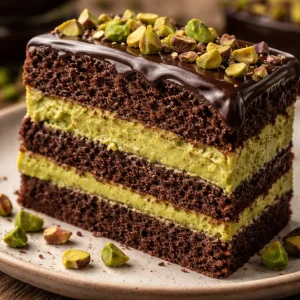 Delicious Dubai Chocolate Pistachio Cake topped with nuts and chocolate glaze.
