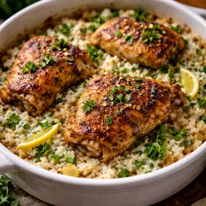 Delicious Dump-and-Bake Chicken Tzatziki Casserole served in a baking dish