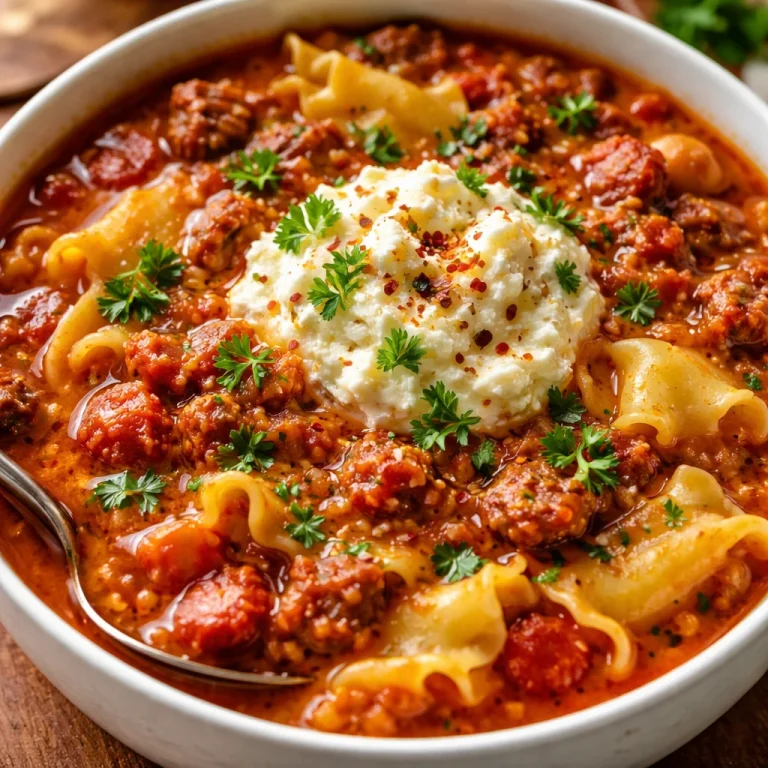 Bowl of easy lasagna soup topped with cheese and herbs