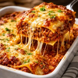 A plate of easy homemade lasagna, layered with cheese and meat sauce.