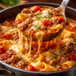 Bowl of easy lasagna soup topped with cheese and herbs