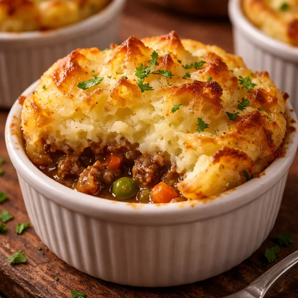 Delicious mini shepherd's pies served in ramekins for family dinner