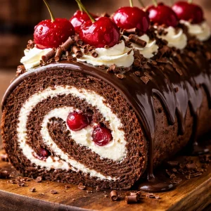 Elegant Black Forest Cake Roll decorated with cherries and whipped cream