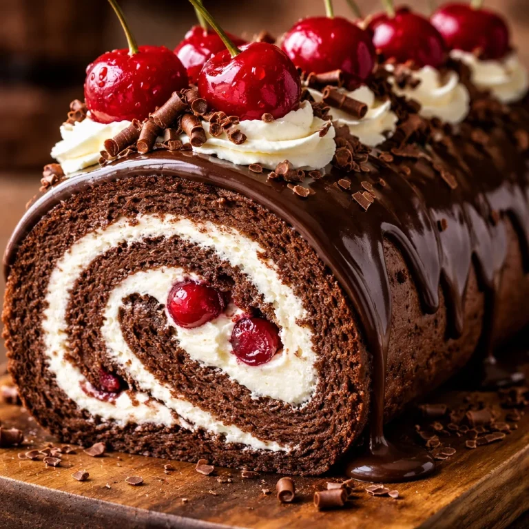 Elegant Black Forest Cake Roll decorated with cherries and whipped cream