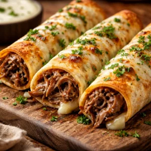 French Dip Tortilla Roll Ups on a platter with dipping sauce