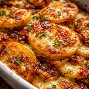 Baked French onion potato dish topped with cheese and herbs
