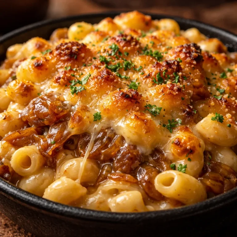 Delicious bowl of French onion soup mac and cheese topped with melted cheese.