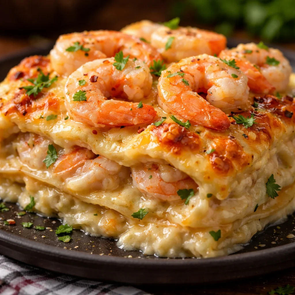 Garlic Butter Shrimp Scampi Lasagna layered with shrimp and rich garlic butter sauce.
