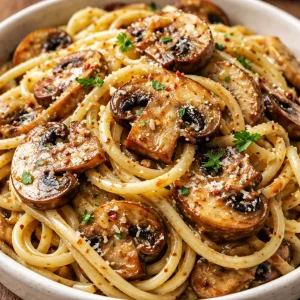 Plate of Garlic Mushroom Pasta with fresh herbs and Parmesan cheese