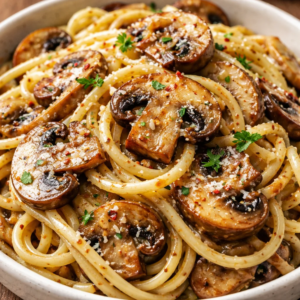 Plate of Garlic Mushroom Pasta with fresh herbs and Parmesan cheese