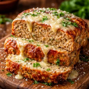 Garlic Parmesan Chicken Meatloaf served with herbs and cheese