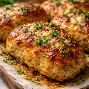 Delicious Garlic Parmesan Chicken Meatloaf with herbs and cheese.