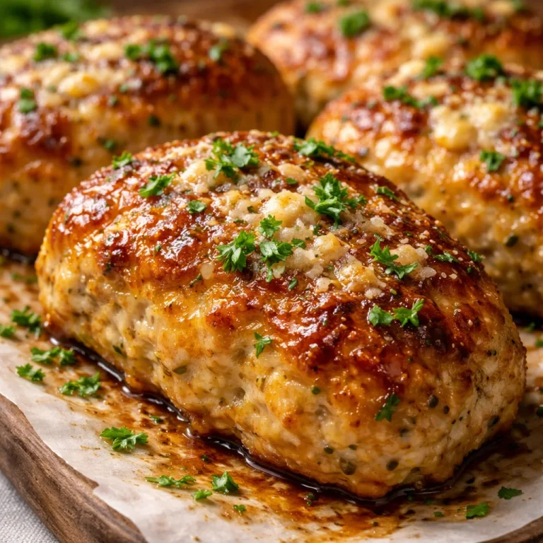 Delicious Garlic Parmesan Chicken Meatloaf with herbs and cheese.