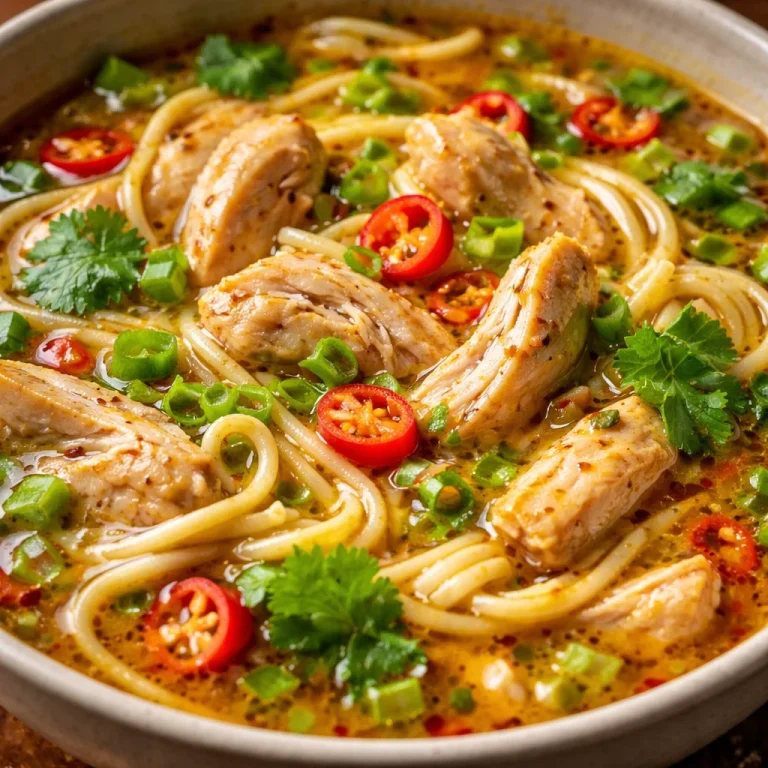 Bowl of Ginger Garlic Chicken Noodle Soup garnished with herbs