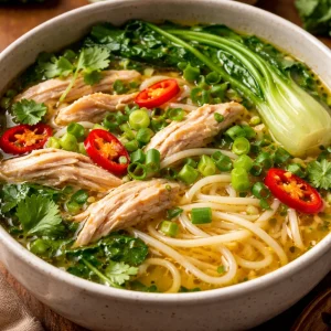 Bowl of comforting Ginger Garlic Chicken Noodle Soup with herbs and noodles