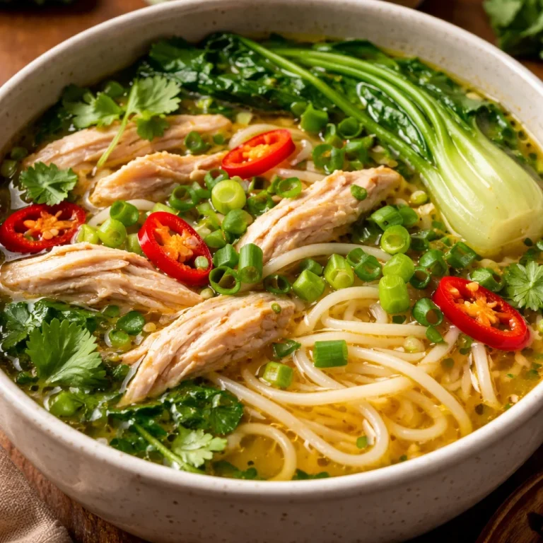 Bowl of comforting Ginger Garlic Chicken Noodle Soup with herbs and noodles