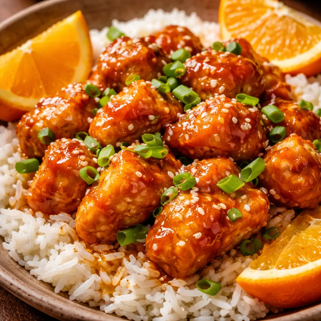 Gluten-free orange chicken served with vegetables and rice