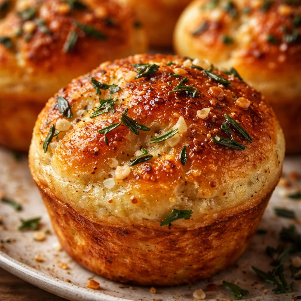 Golden crust garlic rosemary focaccia muffins served on a rustic wooden board
