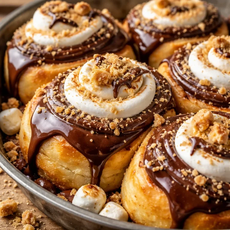 Gooey homemade S'mores Rolls drizzled with chocolate and topped with marshmallows