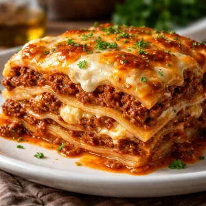 Delicious slice of Grandma's Divine Italian lasagna with layers of rich sauce and cheese