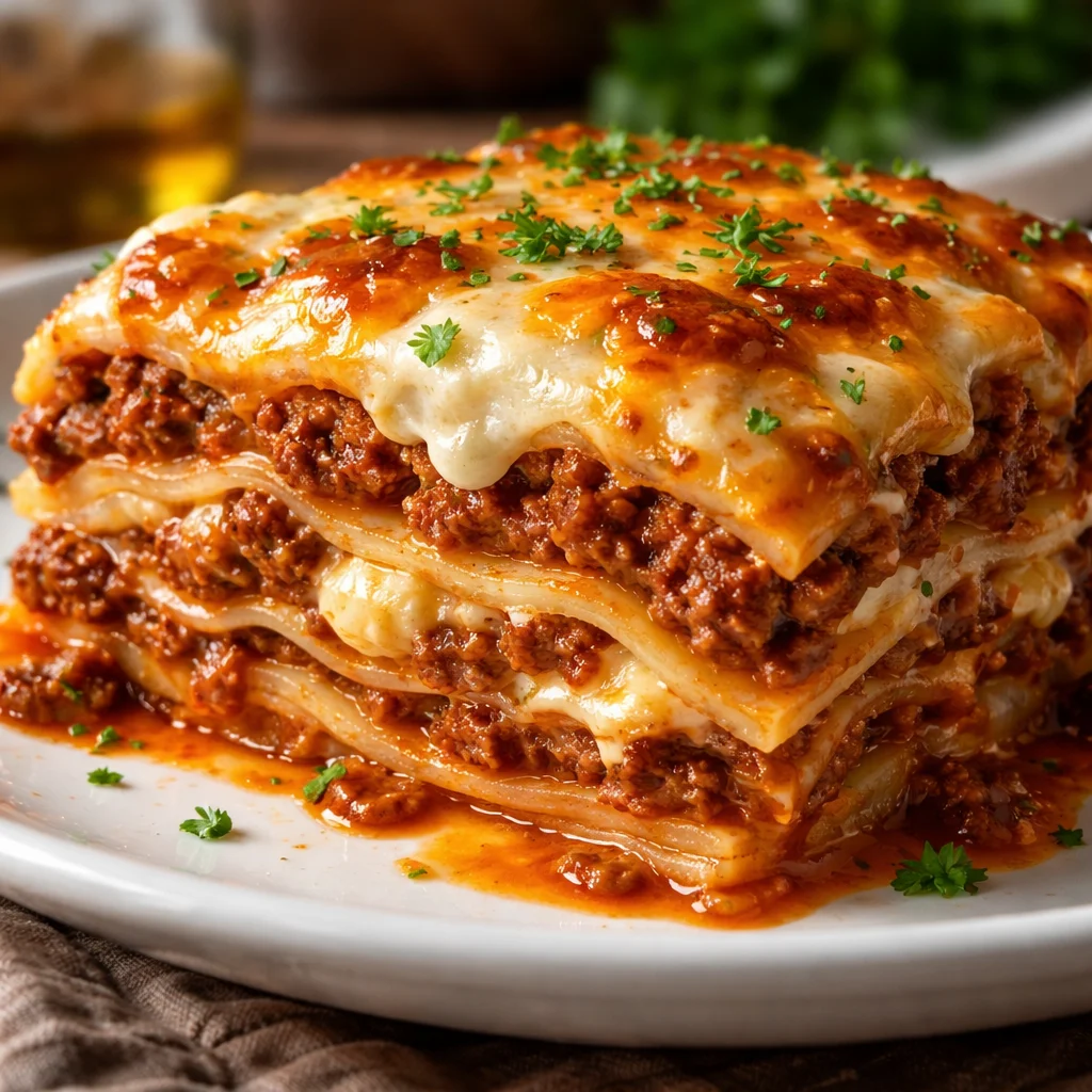 Delicious slice of Grandma's Divine Italian lasagna with layers of rich sauce and cheese
