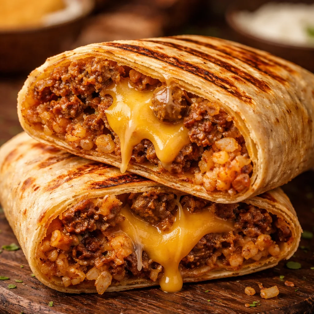 Delicious grilled cheese burrito with melted cheese and grilled tortilla