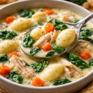 Healthy rotisserie chicken gnocchi soup garnished with fresh herbs