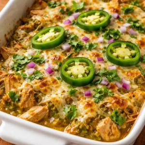 Healthy Salsa Verde Chicken Casserole topped with fresh ingredients