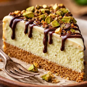 Heavenly pistachio white chocolate cheesecake with a creamy texture and garnished pistachios.