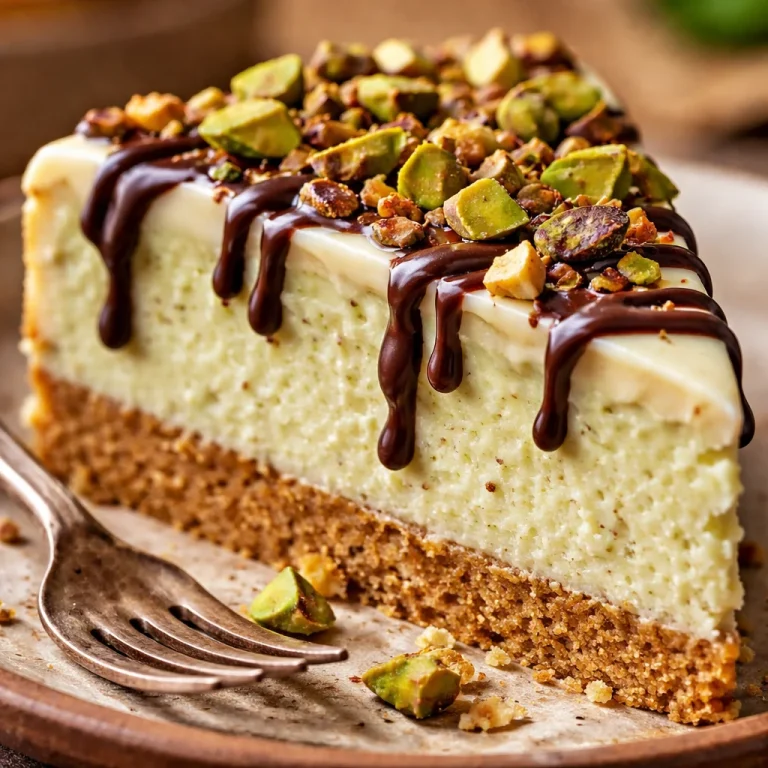 Heavenly pistachio white chocolate cheesecake with a creamy texture and garnished pistachios.
