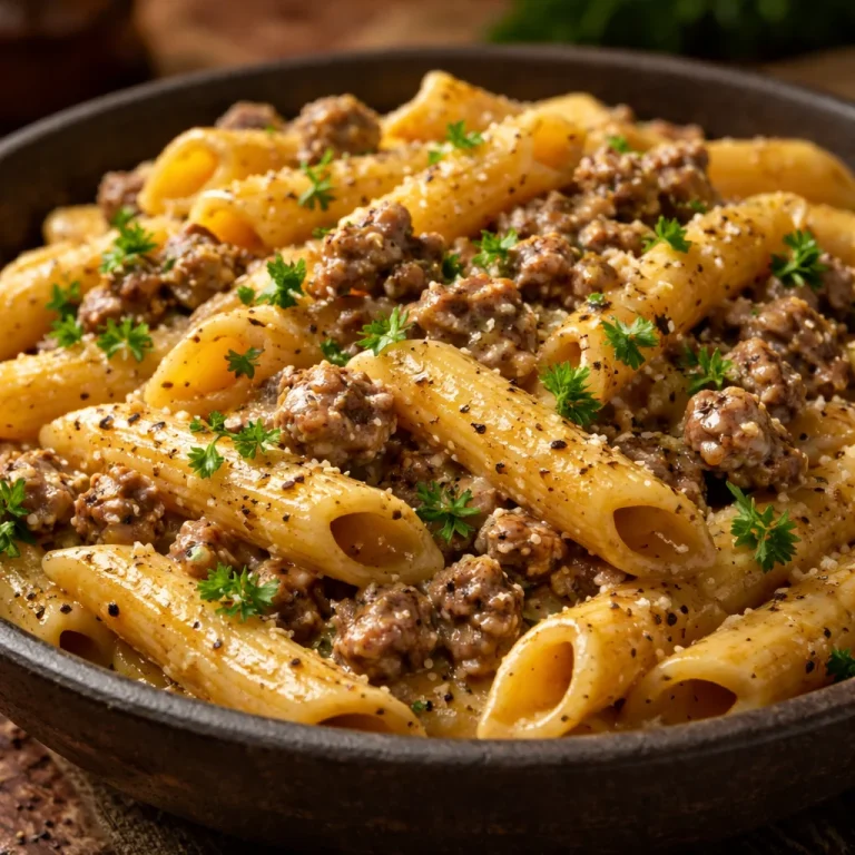 High protein creamy beef pasta dish garnished with herbs