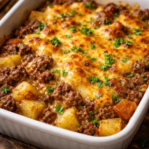 Delicious Hobo Casserole with layers of meat and vegetables