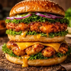 Honey Mustard Chicken Burger Deluxe with fresh toppings and tangy sauce