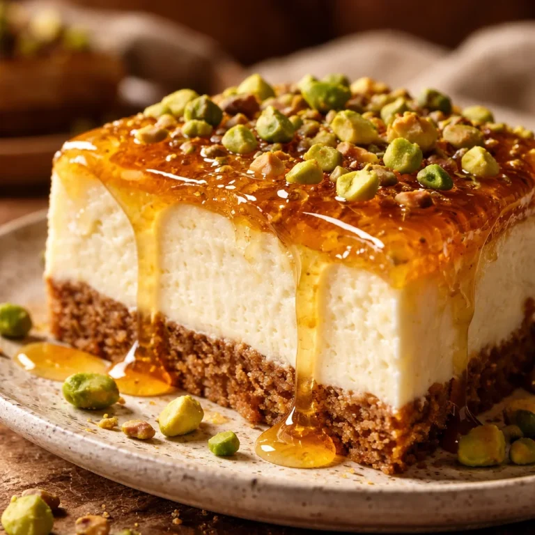 Delicious Honey Pistachio Baklava Cheesecake with golden layers and pistachio topping.