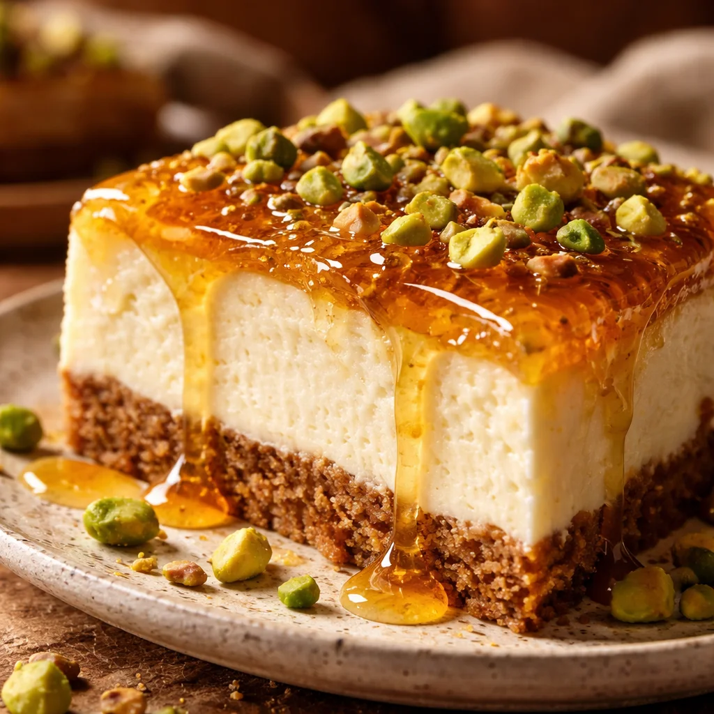 Delicious Honey Pistachio Baklava Cheesecake with golden layers and pistachio topping.