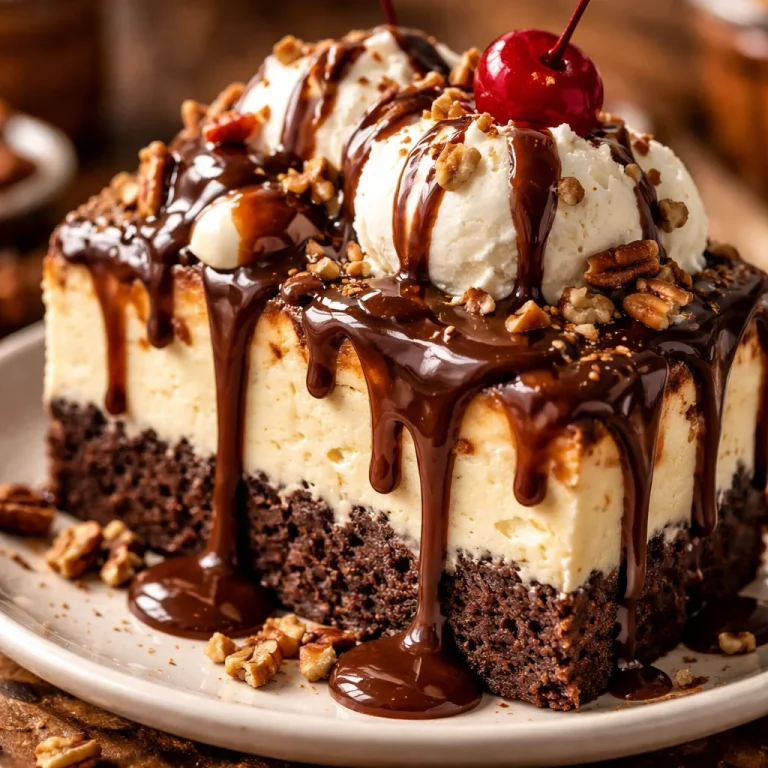 Delicious hot fudge sundae brownie cheesecake topped with chocolate and whipped cream.
