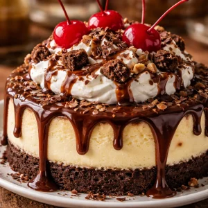 Delicious hot fudge sundae brownie cheesecake topped with chocolate fudge sauce.