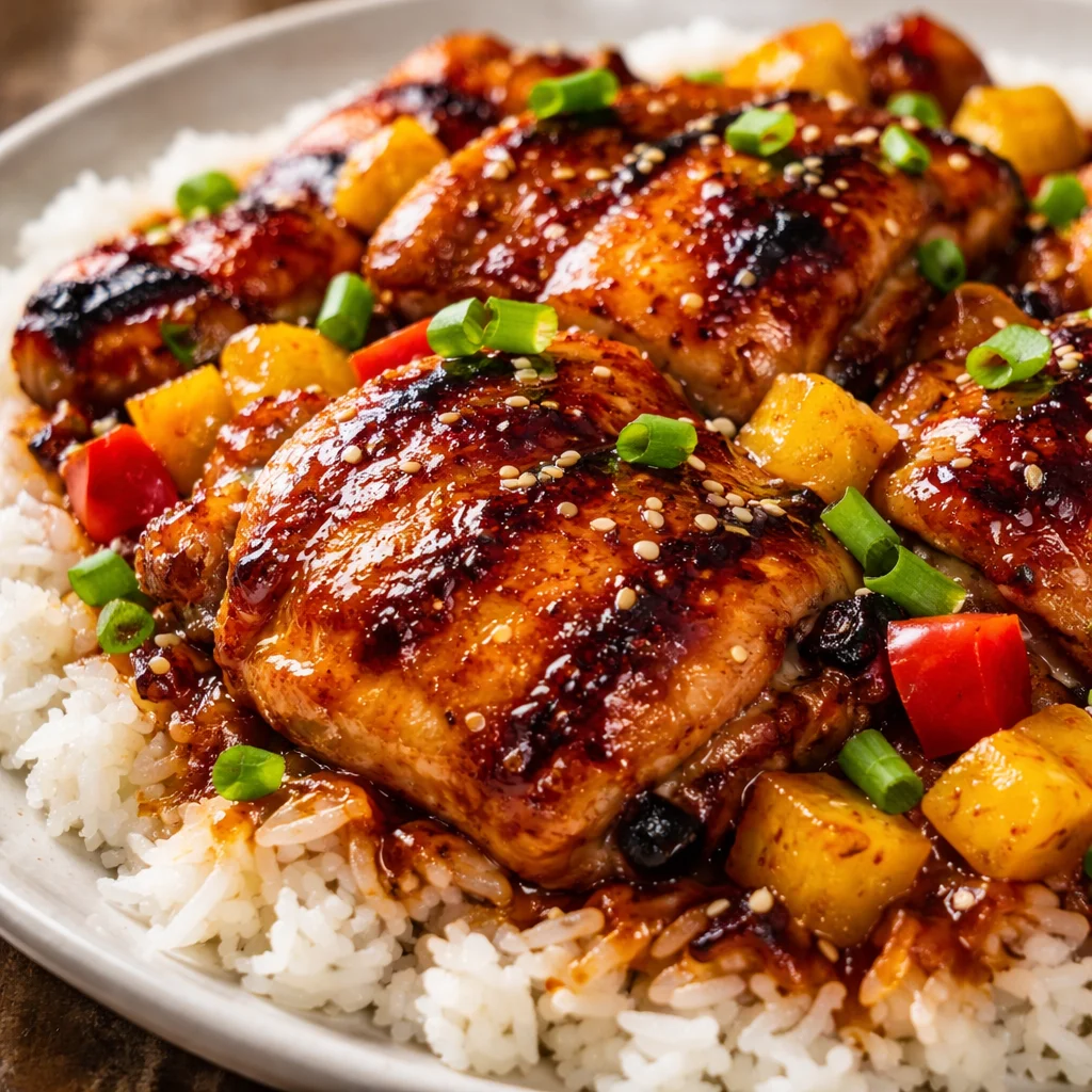 Grilled Huli Huli Chicken served with tropical rice and garnished with pineapple.