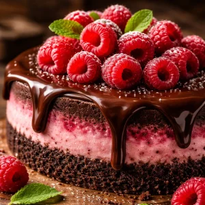 Decadent dark chocolate raspberry cheesecake topped with fresh raspberries.