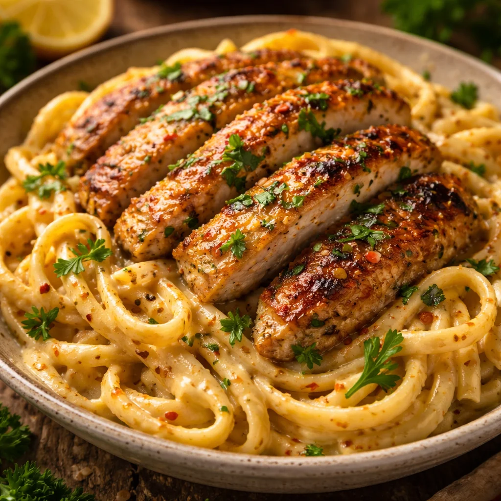 Easy Cowboy Butter Chicken Linguine served in a bowl with fresh herbs