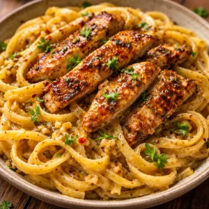 Delicious cowboy butter chicken linguine garnished with herbs