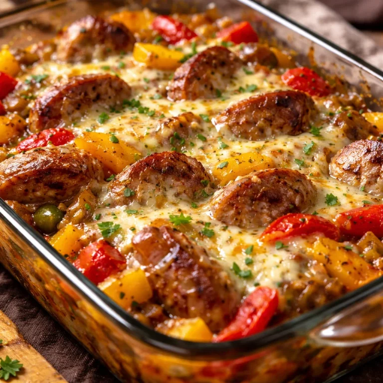 Italian Sausage & Pepper Casserole topped with vibrant bell peppers and herbs