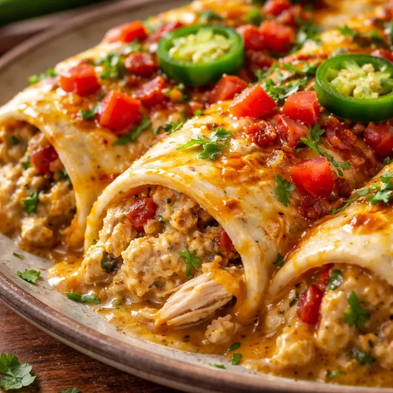 Plate of jalapeño popper cheesy chicken enchiladas topped with cream and jalapeños