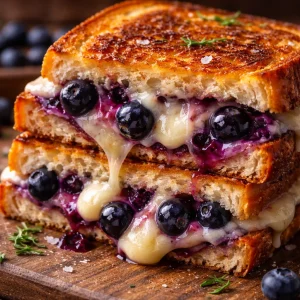 Juicy blueberry grilled cheese sandwich with melted cheese and fresh blueberries