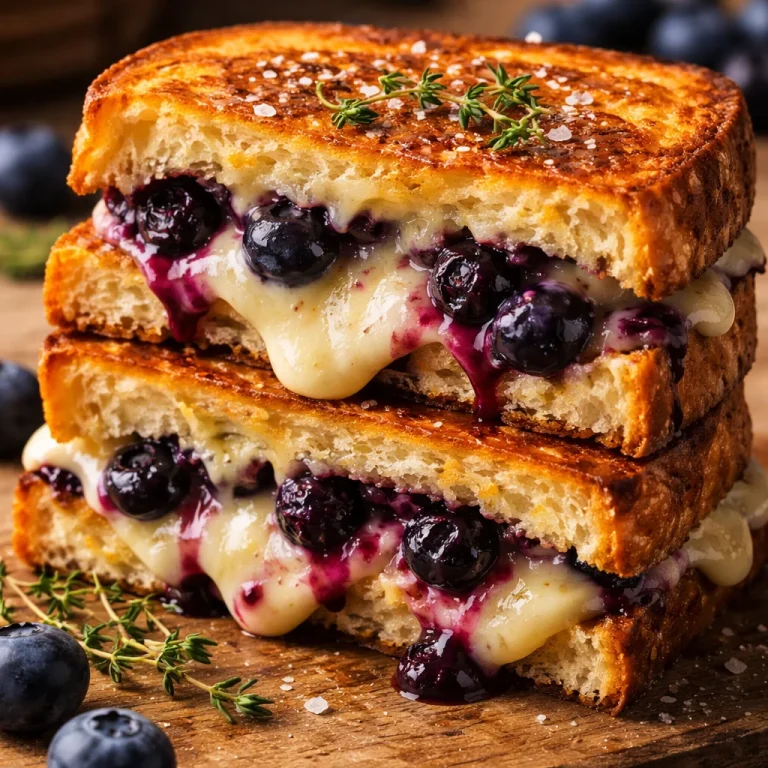 Juicy blueberry grilled cheese sandwich with melted cheese and blueberries