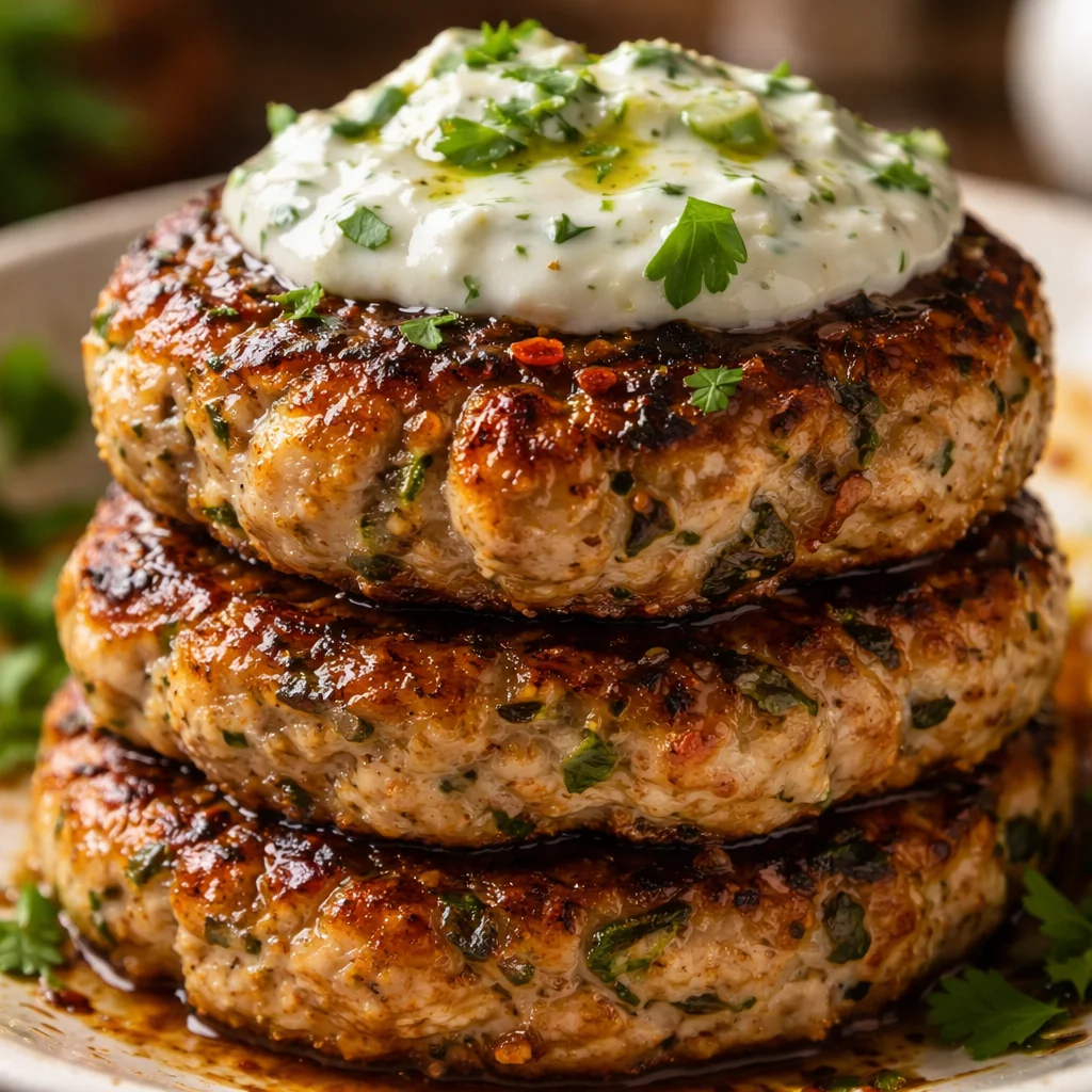 Juicy Greek Chicken Burgers served with fresh tzatziki sauce