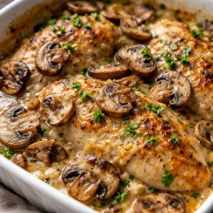 Keto Garlic Mushroom Chicken Casserole with cheese and herbs in a baking dish
