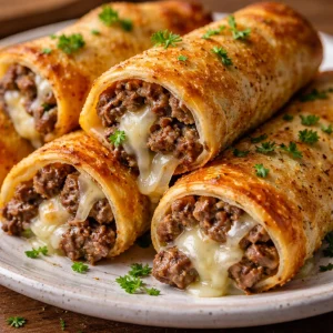 Keto Philly Cheesesteak Rolls served on a plate, garnished with herbs.