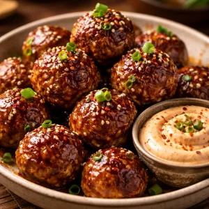 Korean BBQ Meatballs served with spicy mayo dip, ready to enjoy.